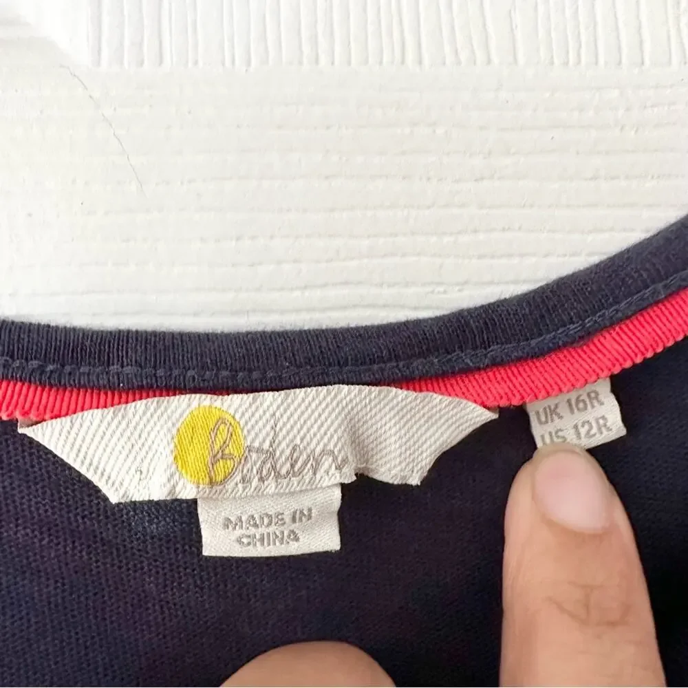 Boden Faye Navy Blue Ruffle Trim Multi Colored Polka Dot T Shirt Dress 12R J0900 - Picture 11 of 13